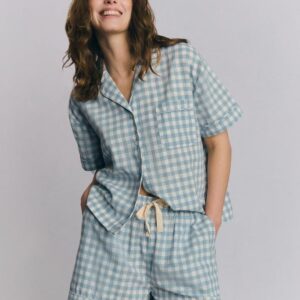 Piglet in Bed Warm Blue Gingham Linen Blend Pajama Short Set