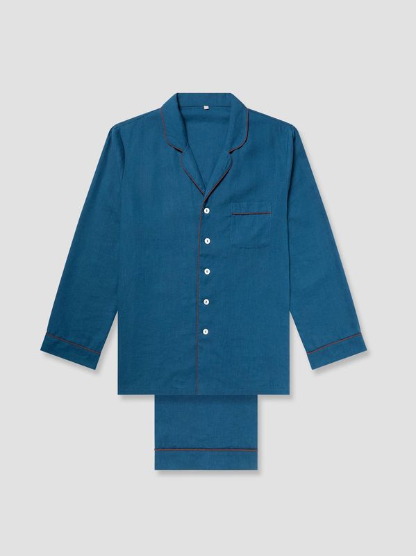 Piglet in Bed Men's Marine Blue Linen Pajama Set