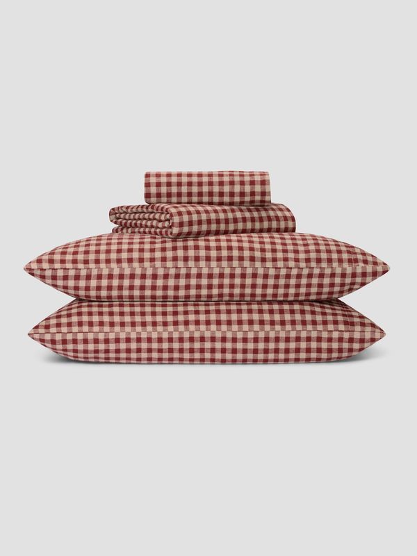 Piglet in Bed Rhubarb Gingham Linen Blend Sheet Set