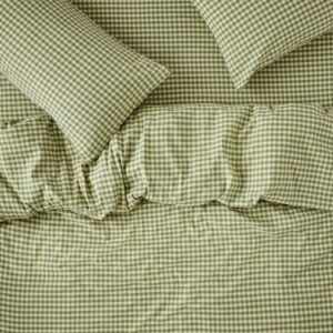 Piglet in Bed Elm Green & Butter Yellow Color Drenched Gingham Linen Blend Duvet Cover