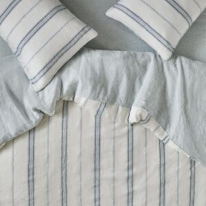 Piglet in Bed Dusk Blue Farmhouse Stripe 100% Linen Duvet Cover