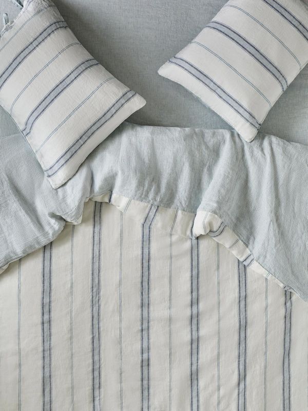 Piglet in Bed Dusk Blue Farmhouse Stripe 100% Linen Duvet Cover