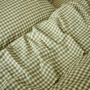 Piglet in Bed Elm Green & Butter Yellow Color Drenched Gingham Linen Blend Flat Sheet