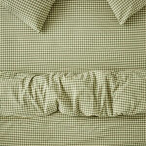 Piglet in Bed Elm Green & Butter Yellow Color Drenched Gingham Linen Blend Fitted Sheet