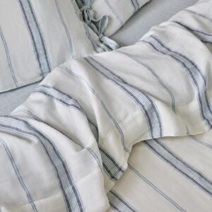 Piglet in Bed Dusk Blue Farmhouse Stripe 100% Linen Flat Sheet