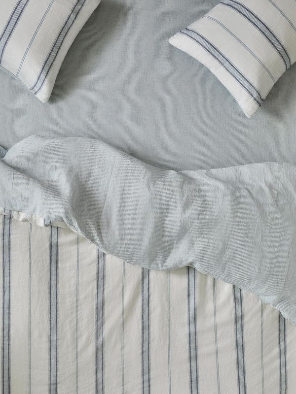 Piglet in Bed Dusk Blue Farmhouse Stripe 100% Linen Fitted Sheet