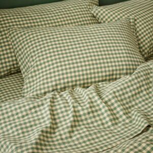 Piglet in Bed Elm Green & Butter Yellow Color Drenched Gingham Linen Blend Pillowcases (Pair)
