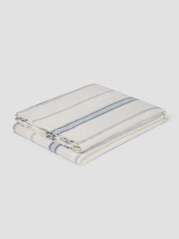 Piglet in Bed Dusk Blue Farmhouse Stripe 100% Linen Flat Sheet - Image 2