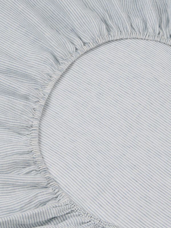 Piglet in Bed Dusk Blue Farmhouse Stripe 100% Linen Fitted Sheet - Image 2