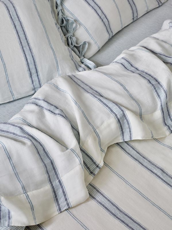 Piglet in Bed Dusk Blue Farmhouse Stripe 100% Linen Duvet Cover - Image 3
