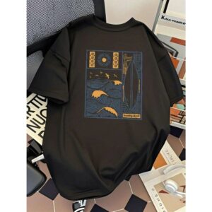 일본스타일 바다물결 프린트 남성용티셔츠 230gsm 헤비웨이트 순면 티 반팔 캐주얼상의 오버사이즈 하얀색 S(95)